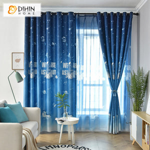 DIHIN HOME Cartoon Blue Astronaut Printed,Blackout Curtains Grommet Window Curtain for Living Room ,52x63-inch,1 Panel
