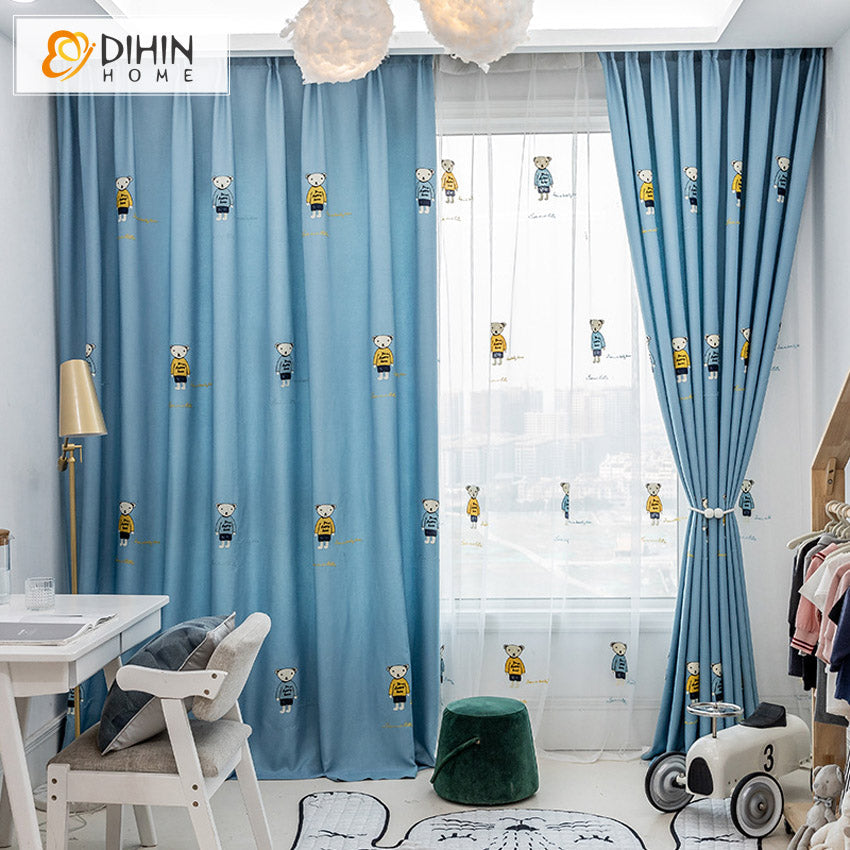 DIHIN HOME Cartoon Blue Beers Embroidered Curtains,Grommet Window Curtain for Living Room ,52x63-inch,1 Panel