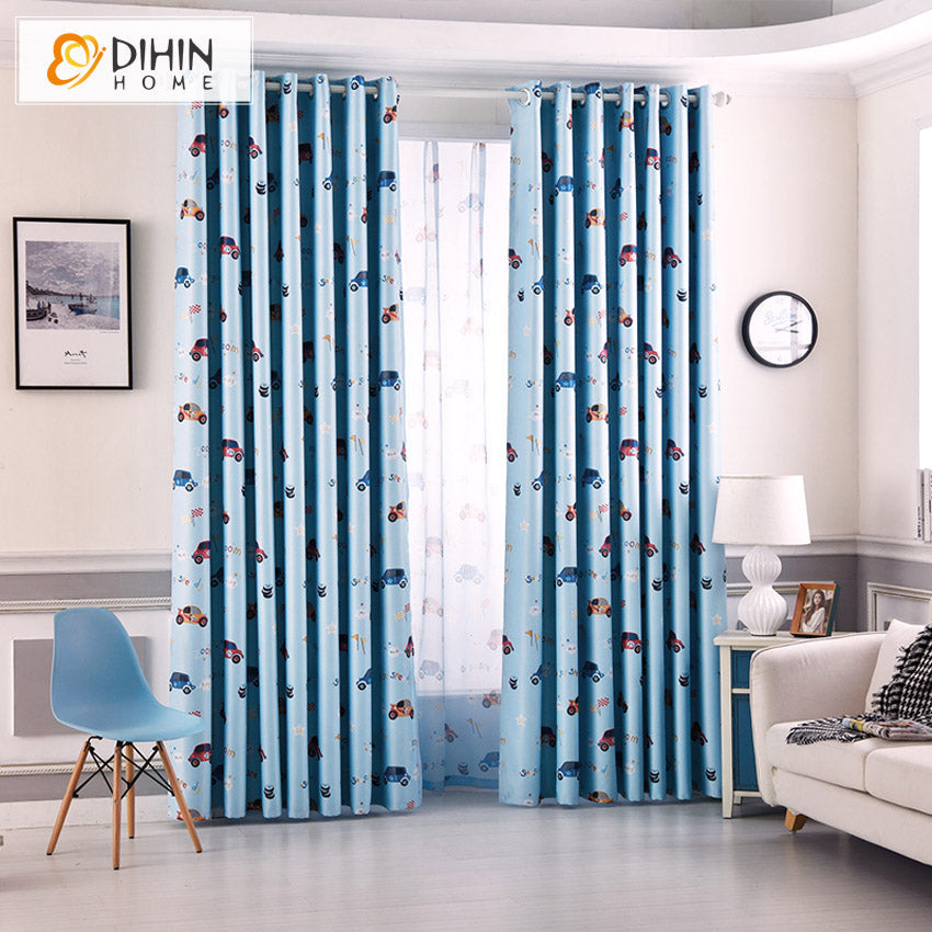 DIHINHOME Home Textile Kid's Curtain DIHIN HOME Cartoon Blue Cars Printed,Blackout Grommet Window Curtain for Living Room,1 Panel