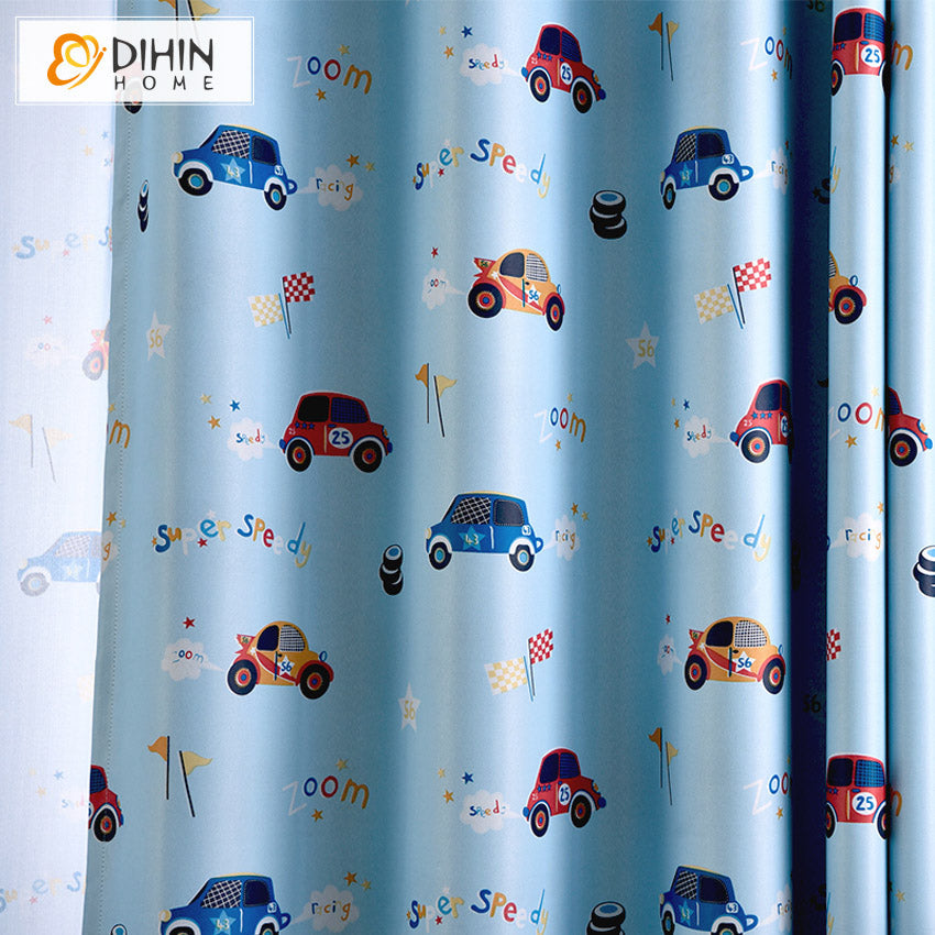 DIHINHOME Home Textile Kid's Curtain DIHIN HOME Cartoon Blue Cars Printed,Blackout Grommet Window Curtain for Living Room,1 Panel