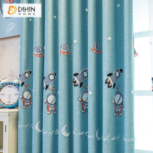 DIHINHOME Home Textile Kid's Curtain DIHIN HOME Cartoon Blue Color Astronaut Embroidered,Blackout Grommet Window Curtain for Living Room ,52x63-inch,1 Panel