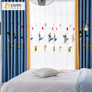 DIHINHOME Home Textile Kid's Curtain DIHIN HOME Cartoon Blue Color Crocodile Embroidered,Blackout Grommet Window Curtain for Living Room ,52x63-inch,1 Panel