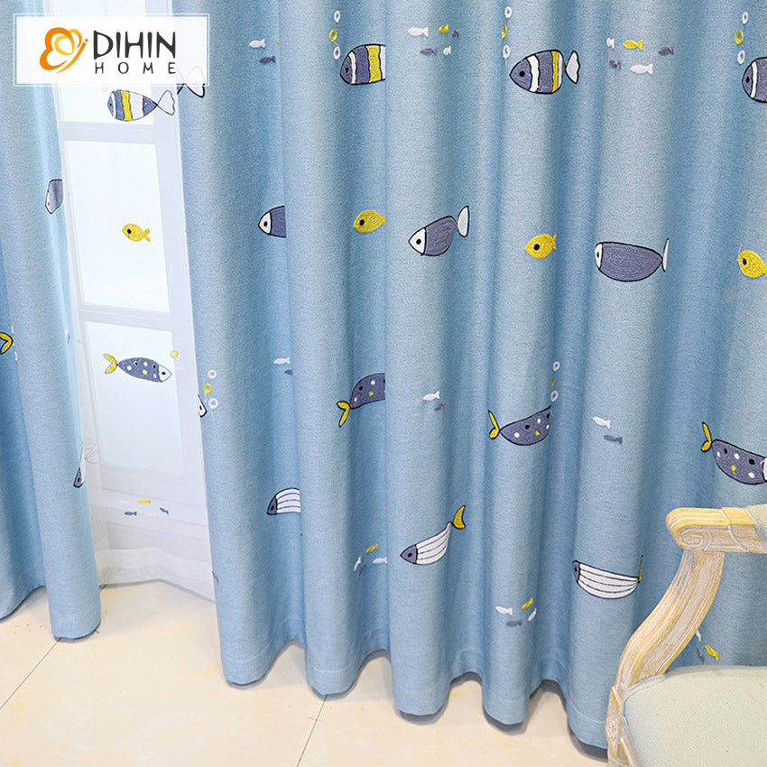 DIHINHOME Home Textile Kid's Curtain DIHIN HOME Cartoon Blue Color Fish Embroidered,Blackout Grommet Window Curtain for Living Room ,52x63-inch,1 Panel