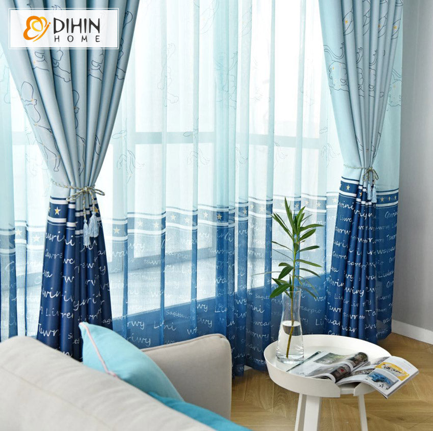 DIHINHOME Home Textile Kid's Curtain DIHIN HOME Cartoon Blue Color Printed,Blackout Curtains Grommet Window Curtain for Living Room ,52x63-inch,1 Panel