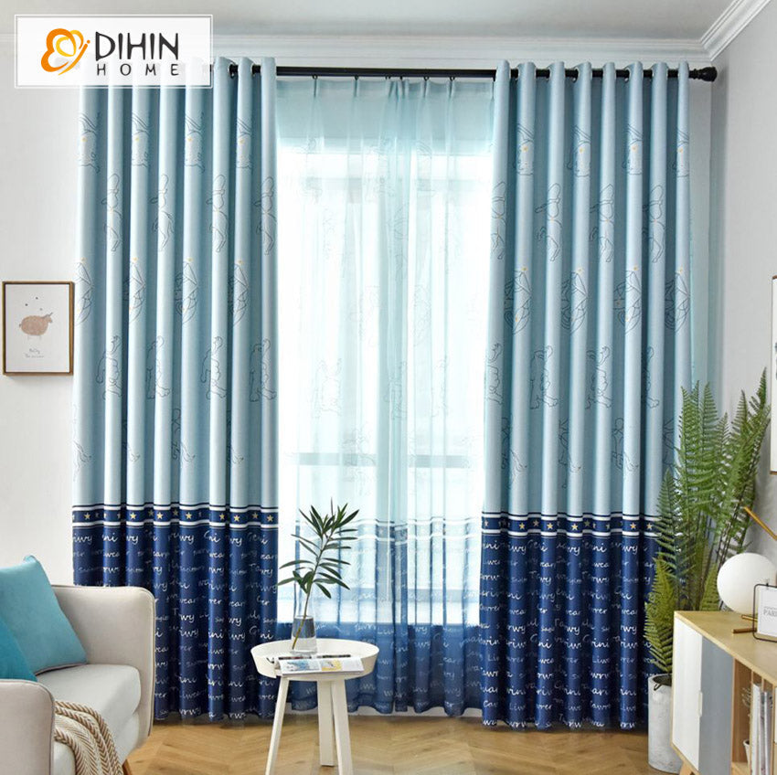 DIHIN HOME Cartoon Blue Color Printed,Blackout Curtains Grommet Window Curtain for Living Room ,52x63-inch,1 Panel