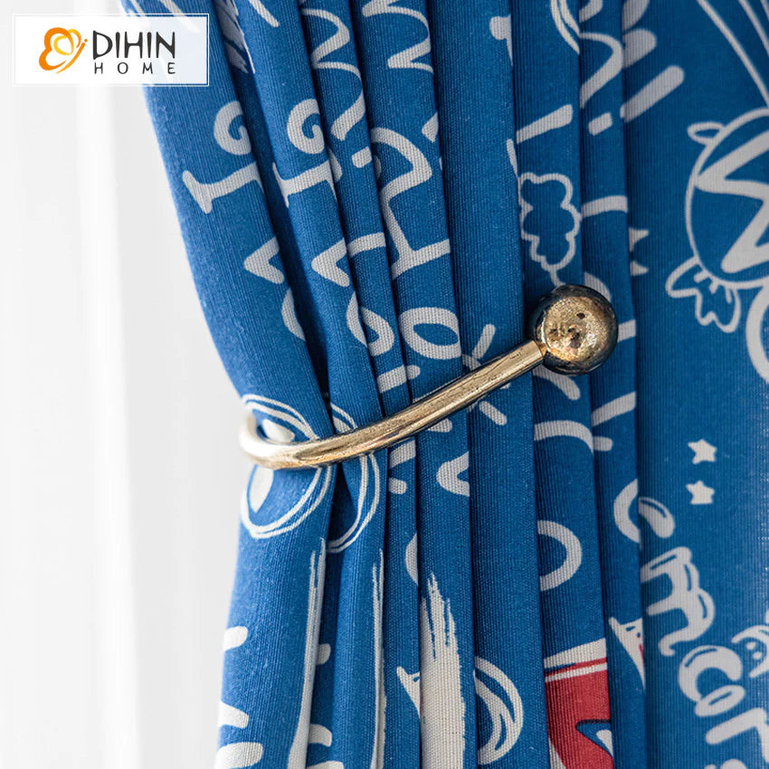 DIHINHOME Home Textile Kid's Curtain DIHIN HOME Cartoon Blue Color Printed,Blackout Grommet Window Curtain for Living Room,1 Panel