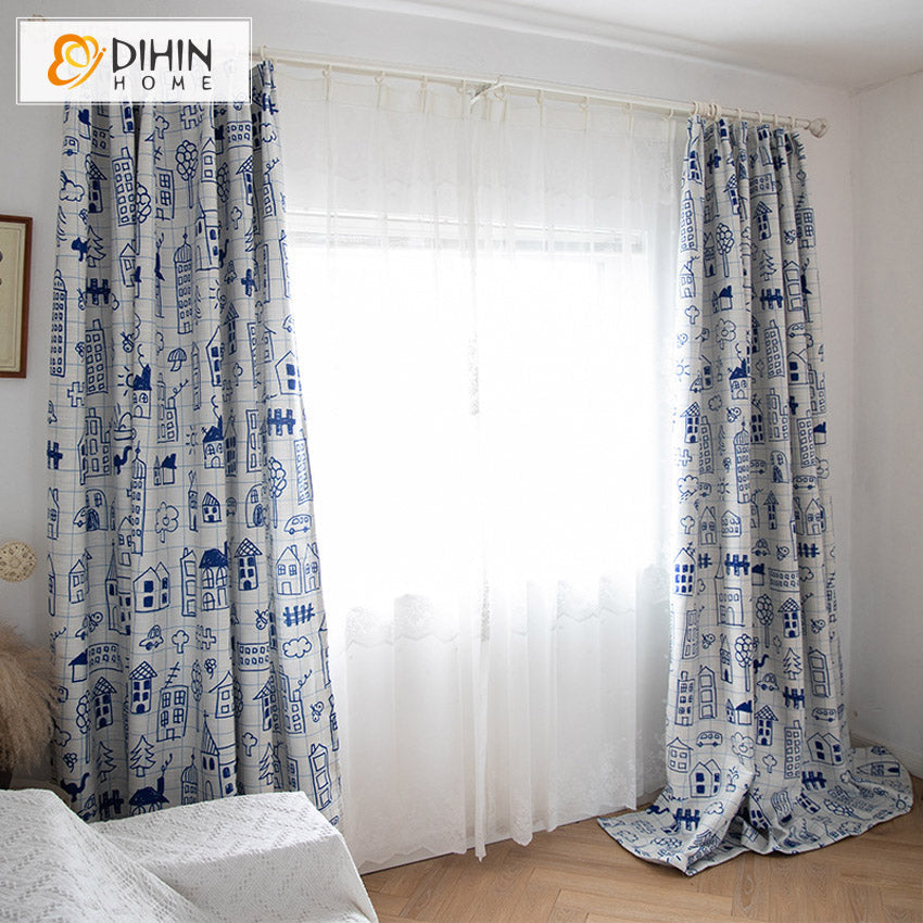 DIHINHOME Home Textile Kid's Curtain DIHIN HOME Cartoon Blue Color Printed,Blackout Grommet Window Curtain for Living Room ,52x63-inch,1 Panel