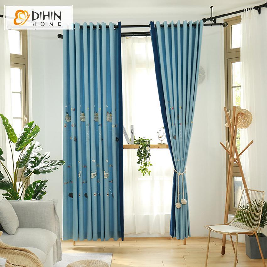 DIHINHOME Home Textile Kid's Curtain DIHIN HOME Cartoon Blue Color Spliced Curtains，Blackout Grommet Window Curtain for Living Room ,52x63-inch,1 Panel