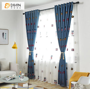 DIHINHOME Home Textile Kid's Curtain DIHIN HOME Cartoon Blue Embroidered,Blackout Curtains Grommet Window Curtain for Living Room,52x63-inch,1 Panel