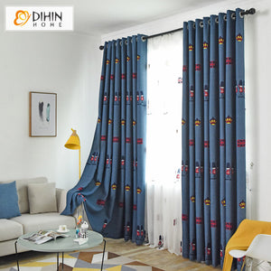 DIHIN HOME Cartoon Blue Embroidered,Blackout Curtains Grommet Window Curtain for Living Room,52x63-inch,1 Panel