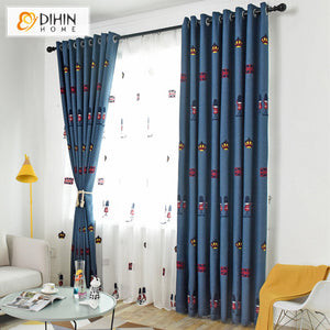 DIHINHOME Home Textile Kid's Curtain DIHIN HOME Cartoon Blue Embroidered,Blackout Curtains Grommet Window Curtain for Living Room,52x63-inch,1 Panel