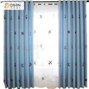 DIHINHOME Home Textile Kid's Curtain DIHIN HOME Cartoon Blue Helicopter Blackout Grommet Window Curtain for Living Room ,52x63-inch,1 Panel