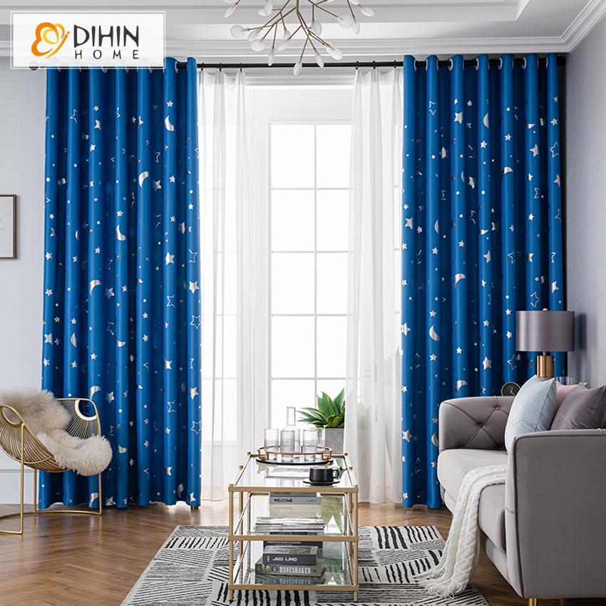 DIHINHOME Home Textile Kid's Curtain DIHIN HOME Cartoon Blue Moon and Star Printed,Blackout Grommet Window Curtain for Living Room ,52x63-inch,1 Panel