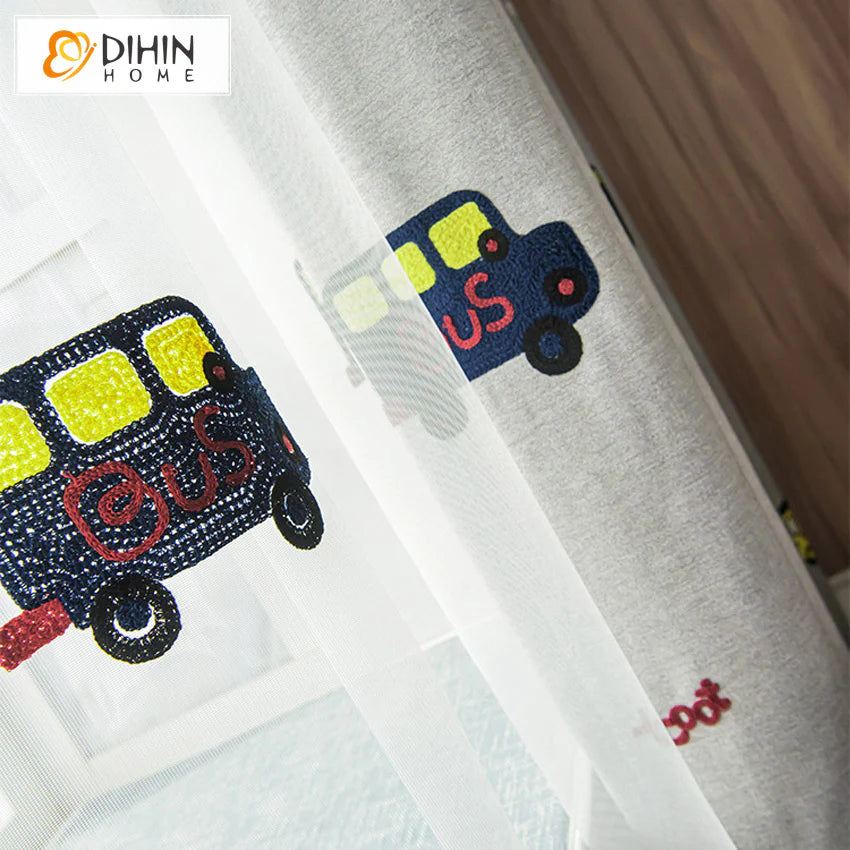 DIHINHOME Home Textile Kid's Curtain DIHIN HOME Cartoon Cars Embroidered,Blackout Curtains Grommet Window Curtain for Living Room,1 Panel