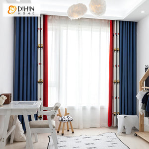 DIHINHOME Home Textile Kid's Curtain DIHIN HOME Cartoon Cars Red and Blue Color Strips Printed,Blackout Grommet Window Curtain for Living Room ,52x63-inch,1 Panel