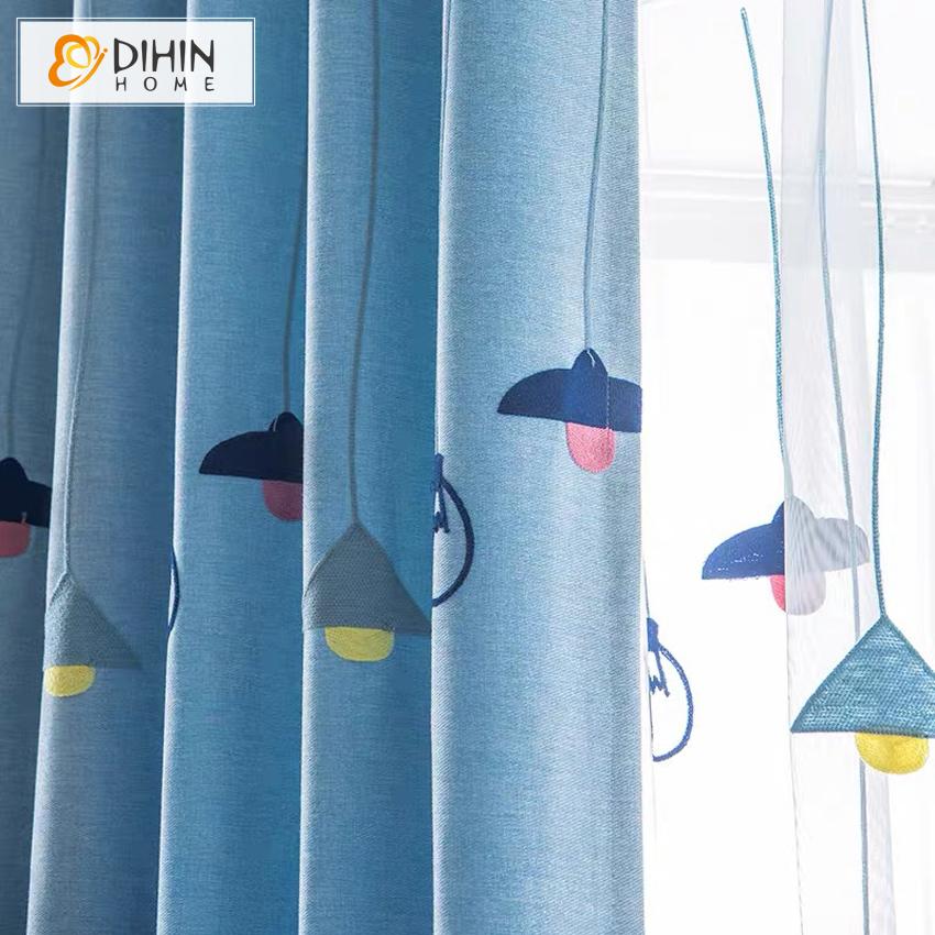 DIHINHOME Home Textile Kid's Curtain DIHIN HOME Cartoon Chandelier Blue Color Embroidered,Blackout Grommet Window Curtain for Living Room ,52x63-inch,1 Panel