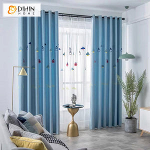 DIHINHOME Home Textile Kid's Curtain DIHIN HOME Cartoon Children Blue Chandelier Embroidered ,Blackout Grommet Window Curtain for Living Room ,52x63-inch,1 Panel