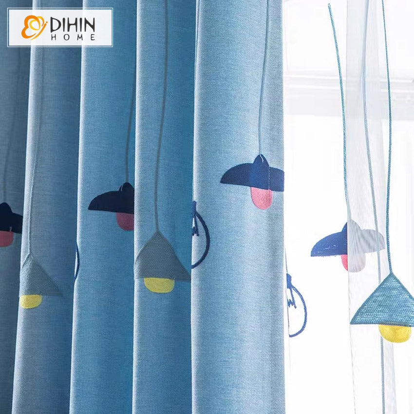 DIHINHOME Home Textile Kid's Curtain DIHIN HOME Cartoon Children Blue Chandelier Embroidered ,Blackout Grommet Window Curtain for Living Room ,52x63-inch,1 Panel