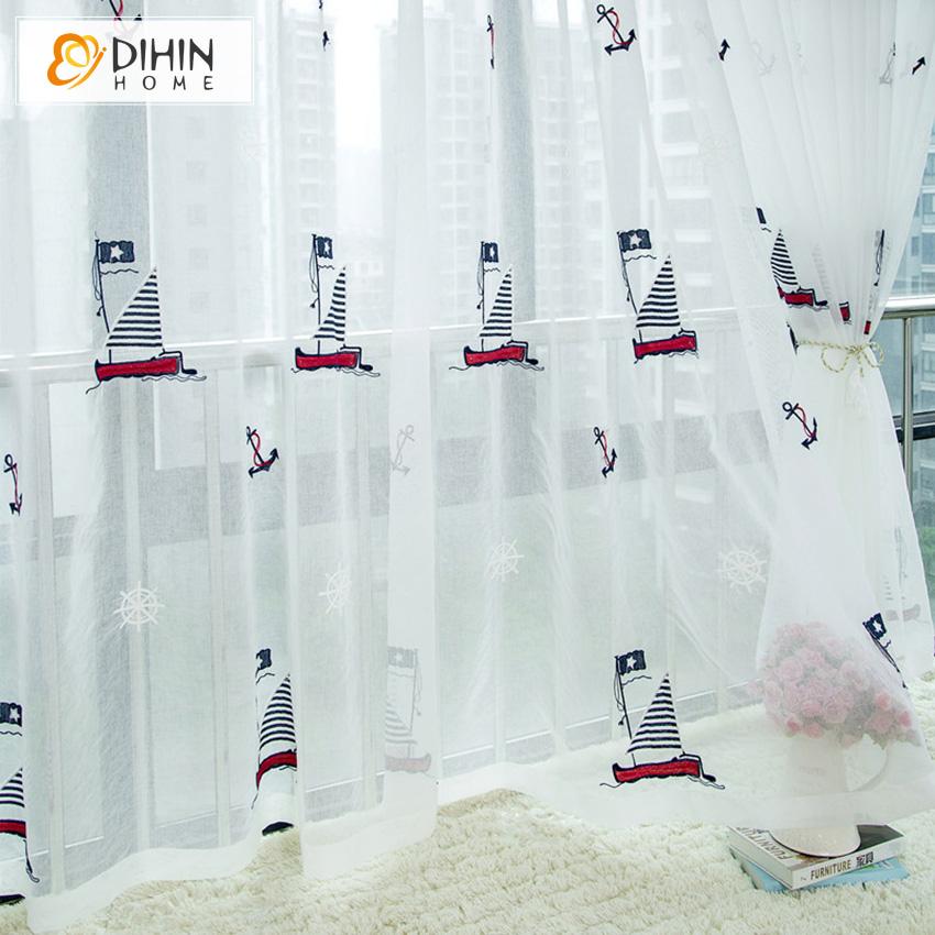 DIHIN HOME Cartoon Children Boat Embroidered Valance ,Blackout Curtains Grommet Window Curtain for Living Room ,52x84-inch,1 Panel