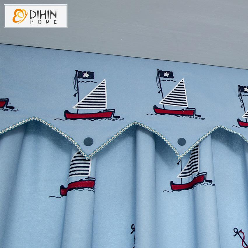 DIHIN HOME Cartoon Children Boat Embroidered Valance ,Blackout Curtains Grommet Window Curtain for Living Room ,52x84-inch,1 Panel