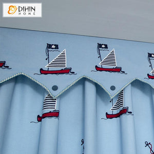 DIHIN HOME Cartoon Children Boat Embroidered Valance ,Blackout Curtains Grommet Window Curtain for Living Room ,52x84-inch,1 Panel