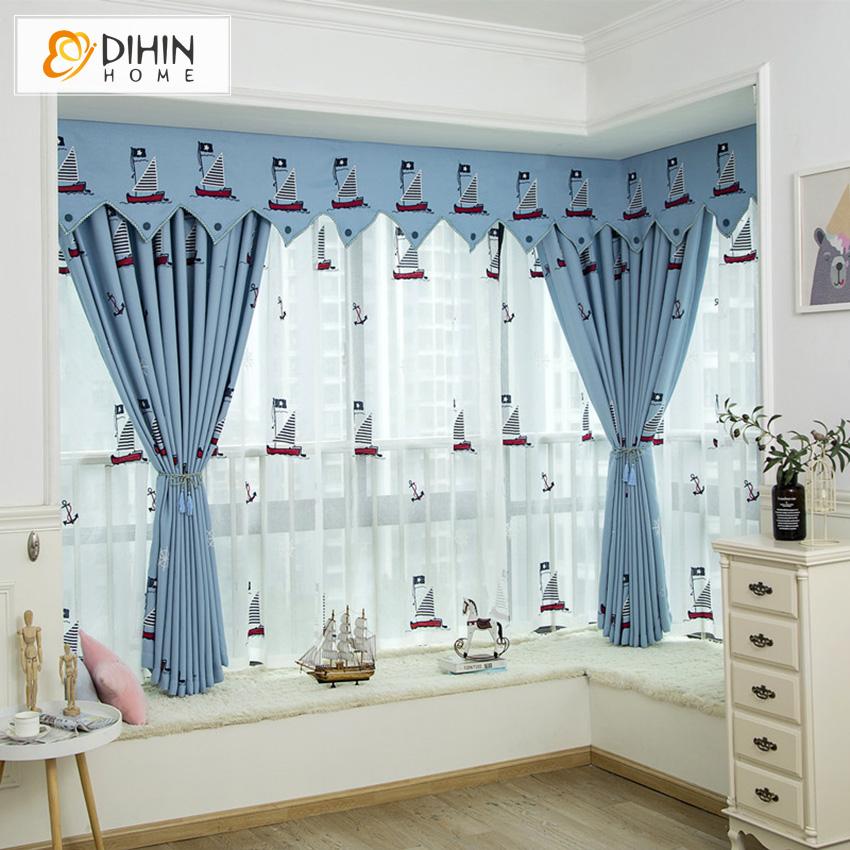 DIHIN HOME Cartoon Children Boat Embroidered Valance ,Blackout Curtains Grommet Window Curtain for Living Room ,52x84-inch,1 Panel