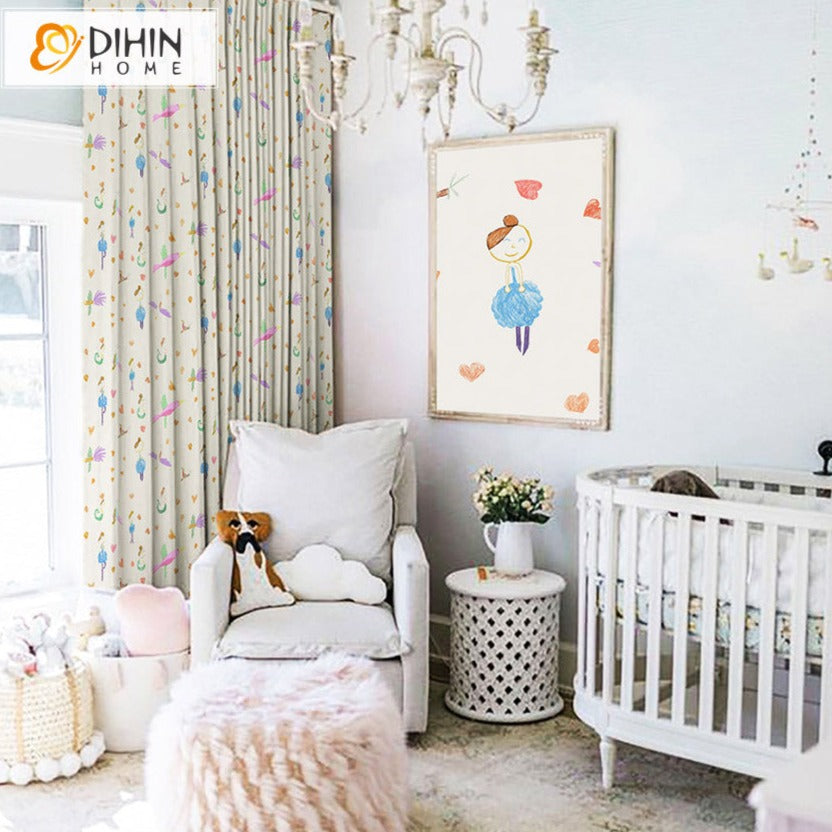 DIHINHOME Home Textile Kid's Curtain DIHIN HOME Cartoon Children Calligraphy Printed,Blackout Grommet Window Curtain for Living Room