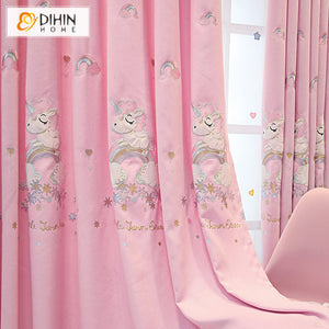 DIHINHOME Home Textile Kid's Curtain DIHIN HOME Cartoon Children Embroidered Pink Valance,Blackout Curtains Grommet Window Curtain for Living Room ,52x84-inch,1 Panel