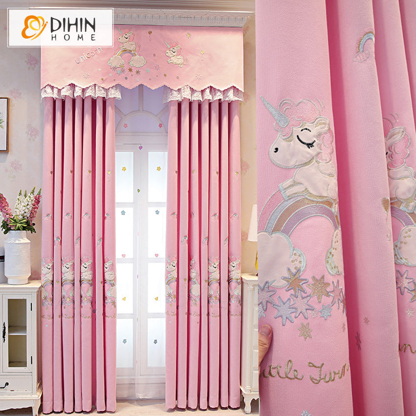 DIHIN HOME Cartoon Children Embroidered Pink Valance,Blackout Curtains Grommet Window Curtain for Living Room ,52x84-inch,1 Panel