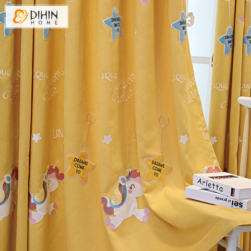 DIHINHOME Home Textile Kid's Curtain DIHIN HOME Cartoon Children Embroidered Yellow Valance,Blackout Curtains Grommet Window Curtain for Living Room ,52x84-inch,1 Panel
