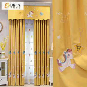 DIHIN HOME Cartoon Children Embroidered Yellow Valance,Blackout Curtains Grommet Window Curtain for Living Room ,52x84-inch,1 Panel