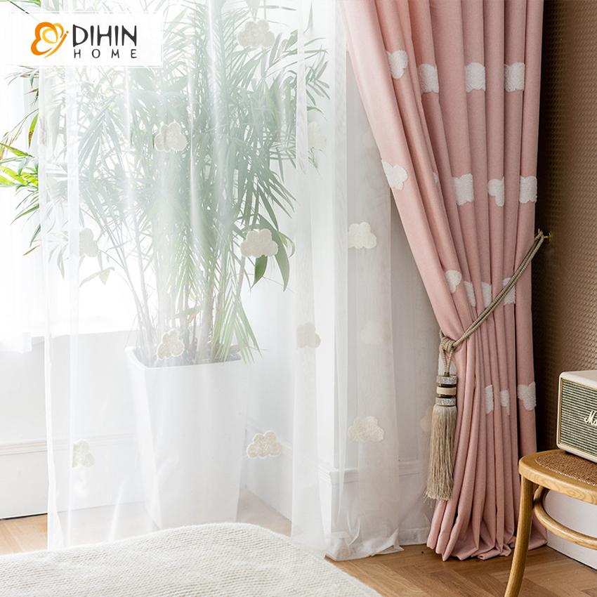 DIHINHOME Home Textile Kid's Curtain DIHIN HOME Cartoon Children Pink Color White Clouds Embroidered Curtains,Blackout Grommet Window Curtain for Living Room ,52x63-inch,1 Panel