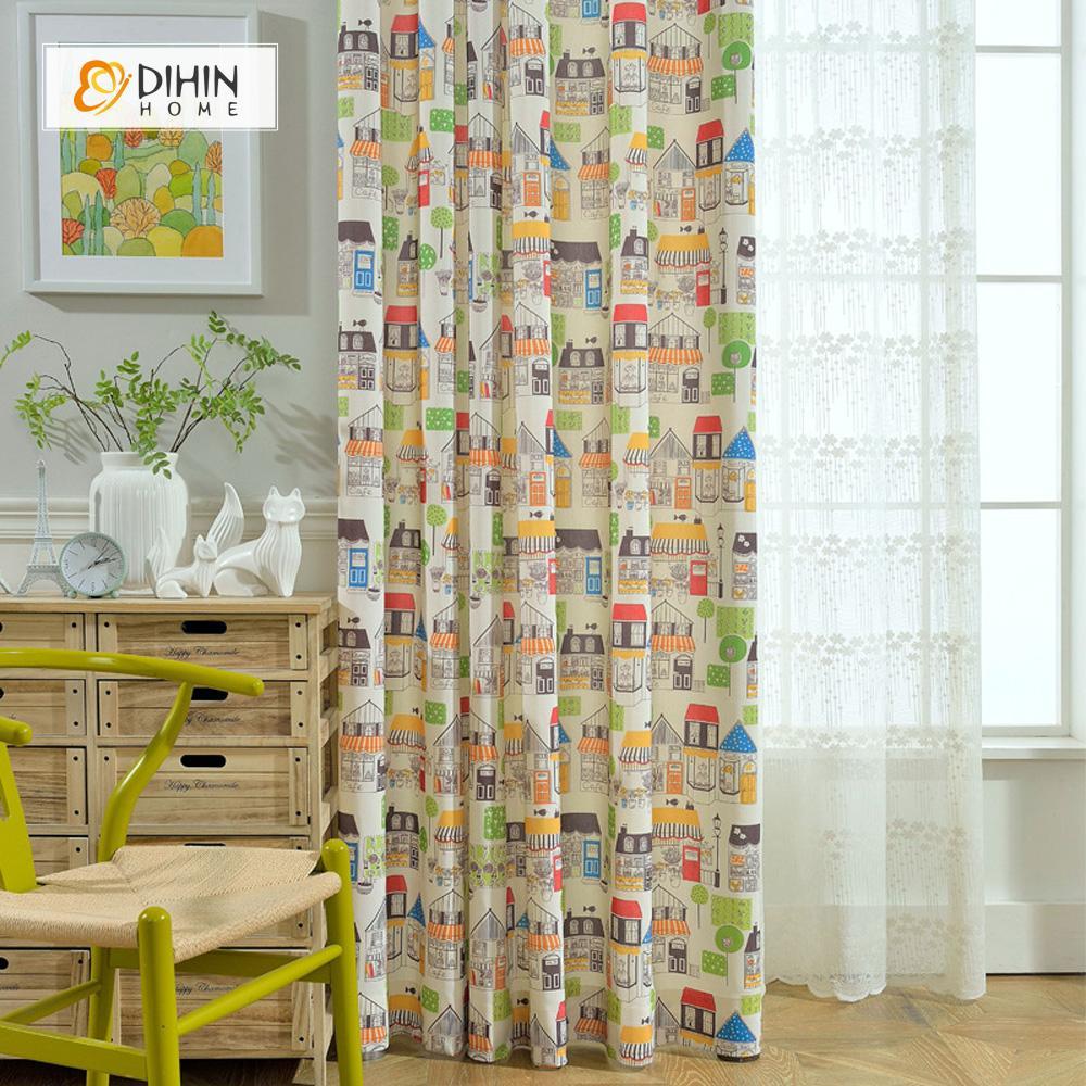 DIHINHOME Home Textile Kid's Curtain DIHIN HOME Cartoon Children Printed Curtains ,Cotton Linen ,Blackout Grommet Window Curtain for Living Room ,52x63-inch,1 Panel
