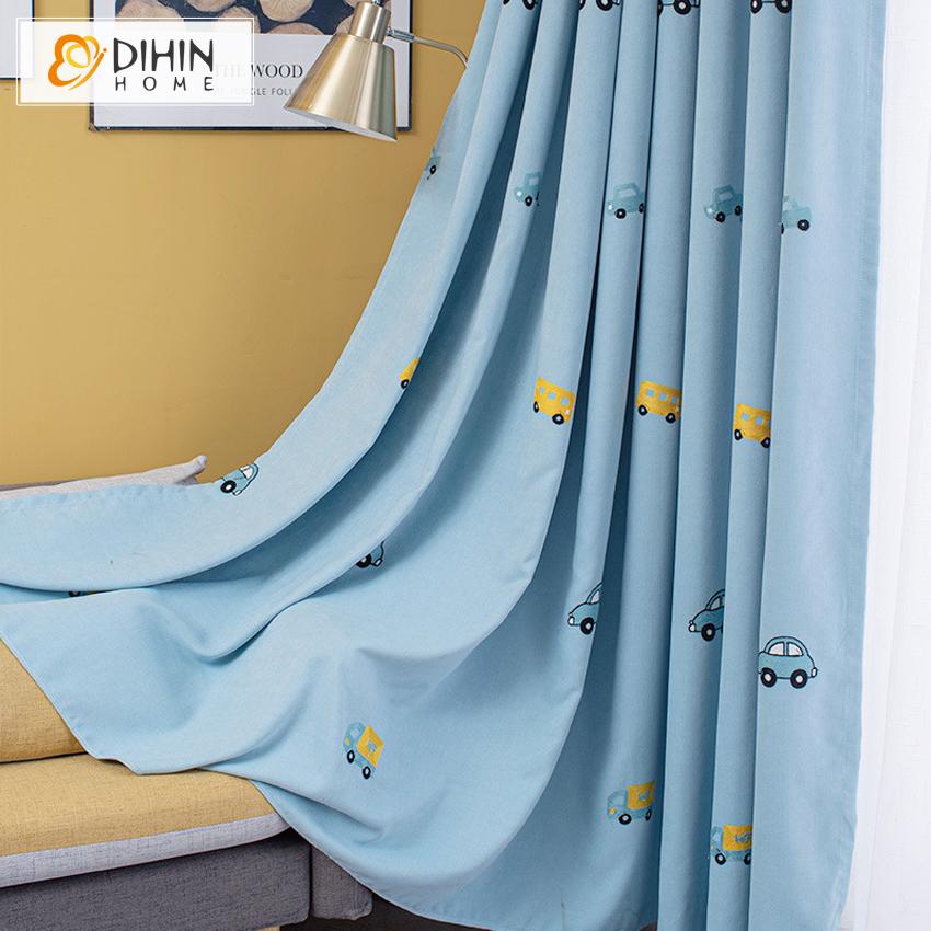 DIHINHOME Home Textile Kid's Curtain DIHIN HOME Cartoon Children Room Blue Cars Embroidered Curtains,Blackout Grommet Window Curtain for Living Room ,52x63-inch,1 Panel