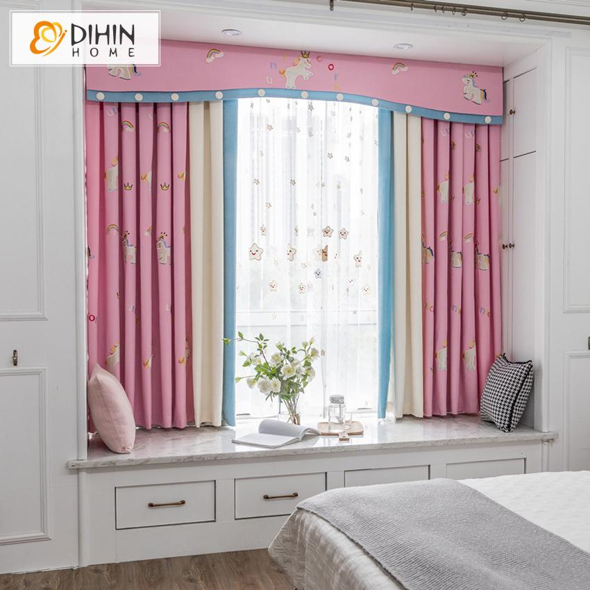 DIHIN HOME Cartoon Children Room Pink Color Embroidered Valance,Blackout Curtains Grommet Window Curtain for Living Room ,52x84-inch,1 Panel