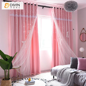 DIHIN HOME Cartoon Children Room Pink High Quality Curtain With White Lace,Blackout Curtains Grommet Window Curtain for Living Room ,52x84-inch,1 Panel