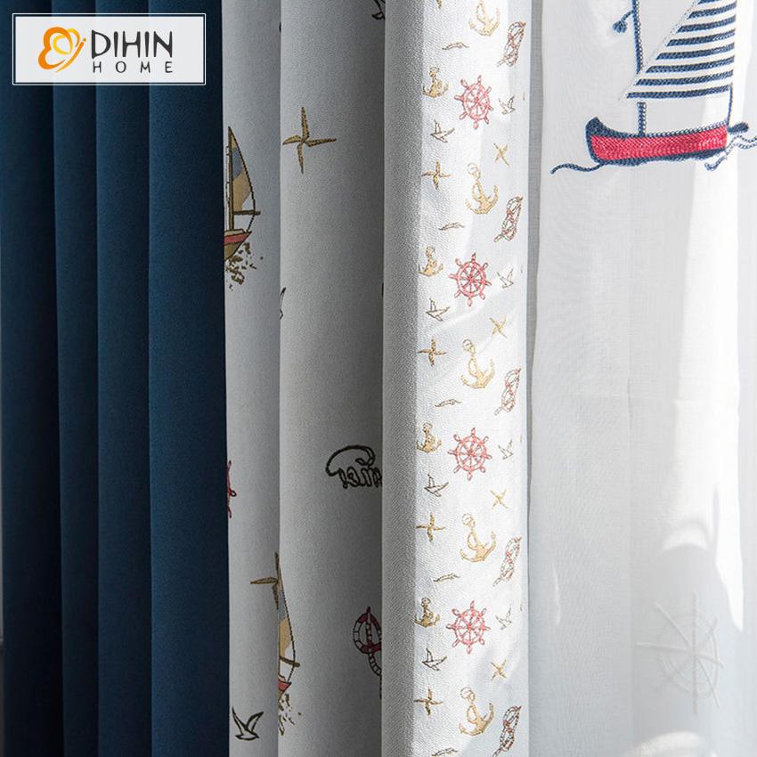 DIHIN HOME Cartoon Children Sailing Boat Printed,Blackout Grommet Window Curtain for Living Room ,52x63-inch,1 Panel