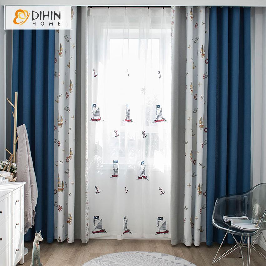 DIHIN HOME Cartoon Children Sailing Boat Printed,Blackout Grommet Window Curtain for Living Room ,52x63-inch,1 Panel