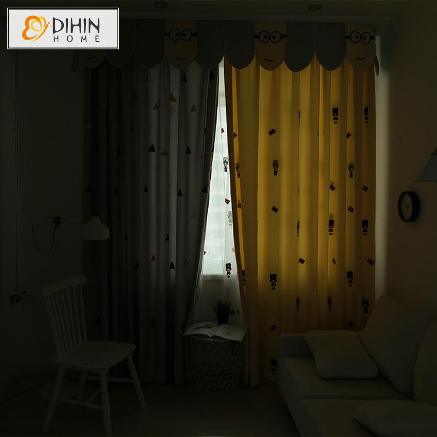 DIHIN HOME Cartoon Children Yellow and Grey Embroidered Curtain With Valance,Blackout Curtains Grommet Window Curtain for Living Room ,52x84-inch,1 Panel