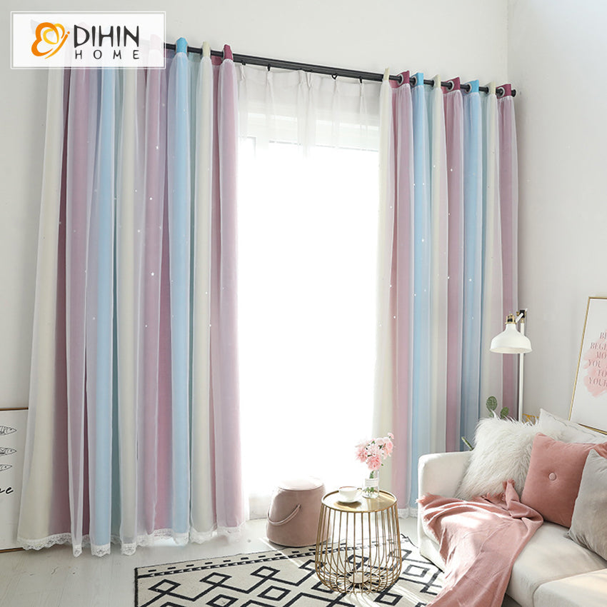 DIHIN HOME Cartoon Colorful Printed Curtains With Lace,Blackout Grommet Window Curtain for Living Room ,52x63-inch,1 Panel