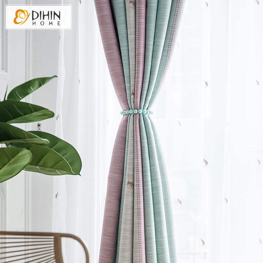 DIHIN HOME Cartoon Cotton Linen Embroidered Curtains，Blackout Grommet Window Curtain for Living Room ,52x63-inch,1 Panel