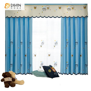 DIHIN HOME Cartoon Embroidered Bear Pattern Curtain With Valance,Blackout Curtains Grommet Window Curtain for Living Room ,52x84-inch,1 Panel