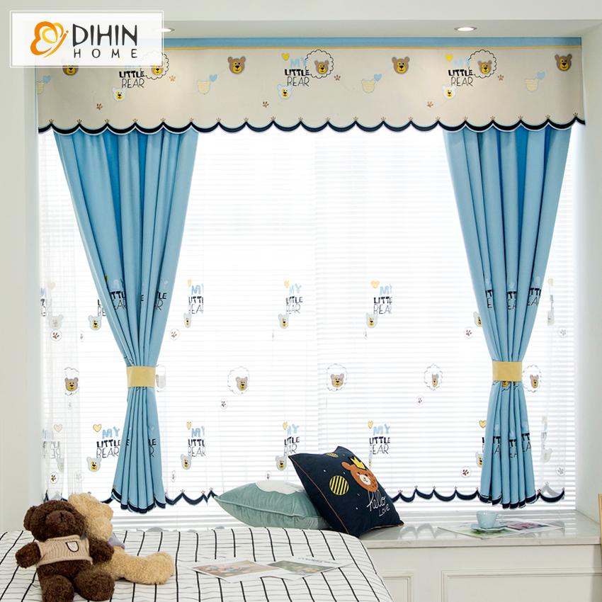 DIHIN HOME Cartoon Embroidered Bear Pattern Curtain With Valance,Blackout Curtains Grommet Window Curtain for Living Room ,52x84-inch,1 Panel