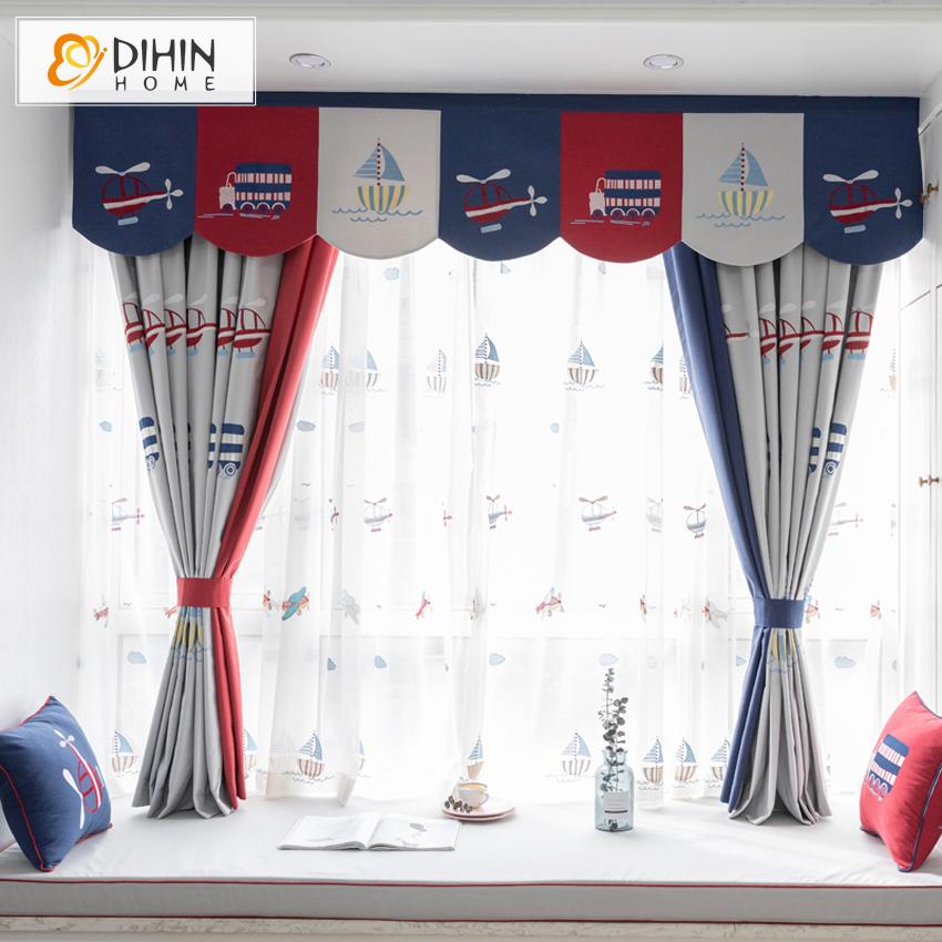 DIHIN HOME Cartoon Embroidered Curtain With Valance,Blackout Curtains Grommet Window Curtain for Living Room ,52x84-inch,1 Panel