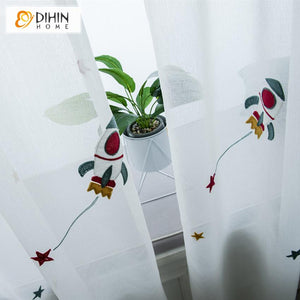 DIHIN HOME Cartoon Embroidered Spliced Curtains，Blackout Grommet Window Curtain for Living Room ,52x63-inch,1 Panel