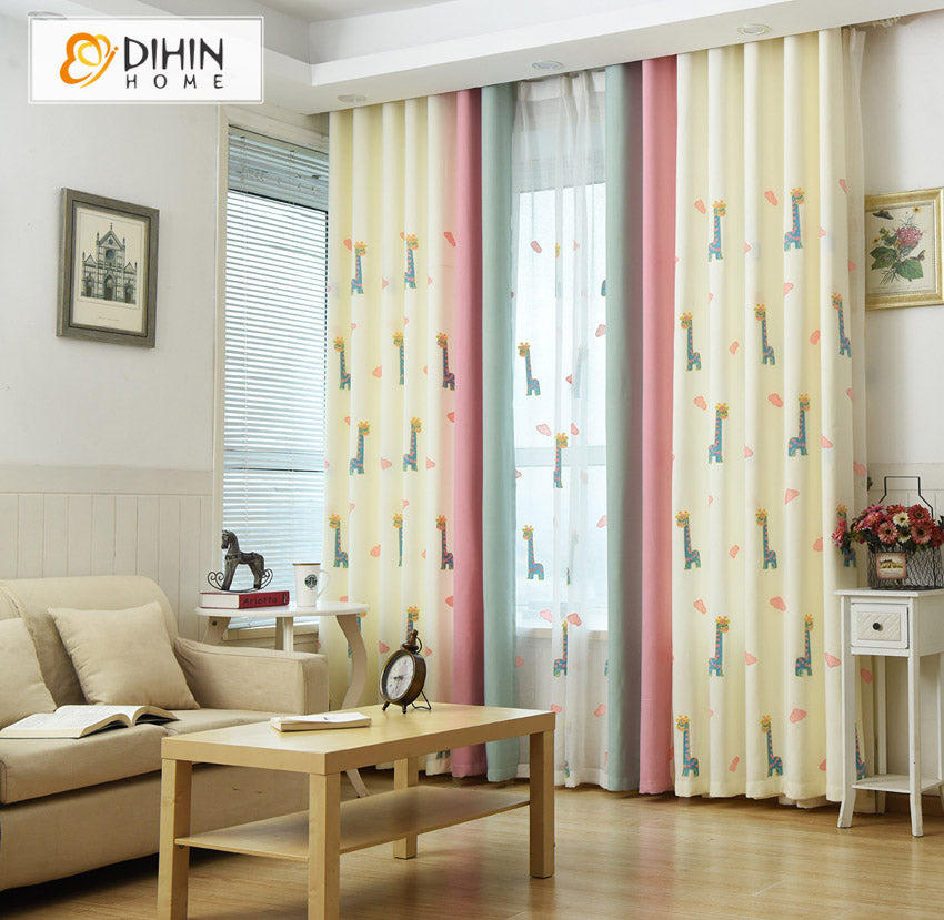 DIHIN HOME Cartoon Embroidery Stitching Curtains,Blackout Grommet Window Curtain for Living Room ,52x63-inch,1 Panel