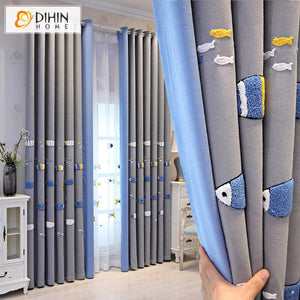 DIHIN HOME Cartoon Fish Embroidered Stitching Curtains,Grommet Window Curtain for Living Room ,52x63-inch,1 Panel