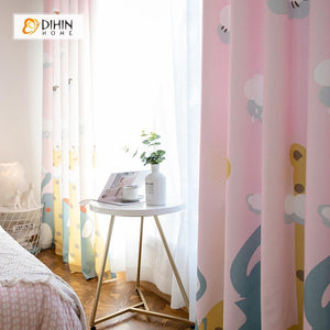 DIHINHOME Home Textile Kid's Curtain DIHIN HOME  Cartoon Giraffe And Elephant Printed ,Cotton Linen ,Blackout Grommet Window Curtain for Living Room ,52x63-inch,1 Panel