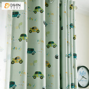 DIHINHOME Home Textile Kid's Curtain DIHIN HOME Cartoon Green Cars Printed,Blackout Grommet Window Curtain for Living Room,1 Panel