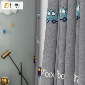 DIHIN HOME Cartoon Grey Color Embroidered Cars,Blackout Curtains Grommet Window Curtain for Living Room ,52x63-inch,1 Panel